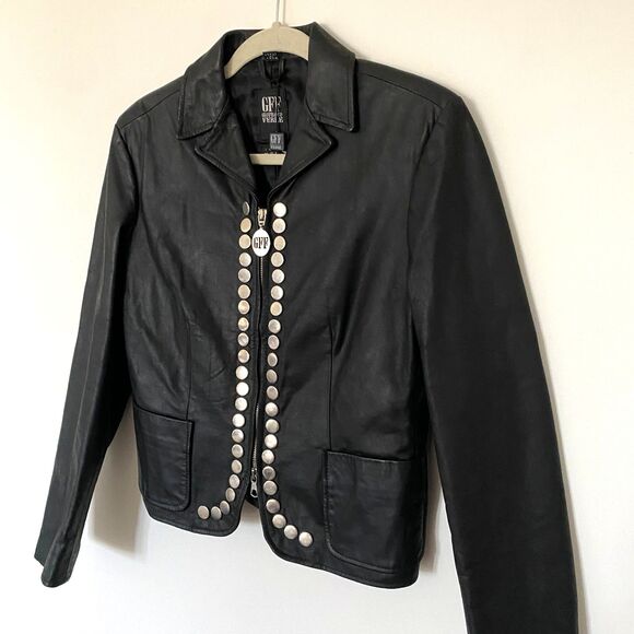 VTG Gianfranco Ferre Black Leather Jacket Italian Metal Buttons Collector Sz 10 - Picture 12 of 16